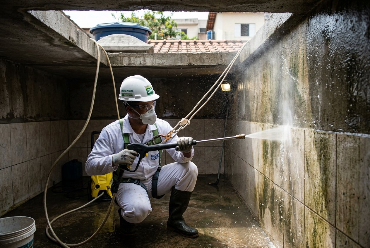 Técnico profissional realizando limpeza e higienização de caixa d'água em Araraquara
