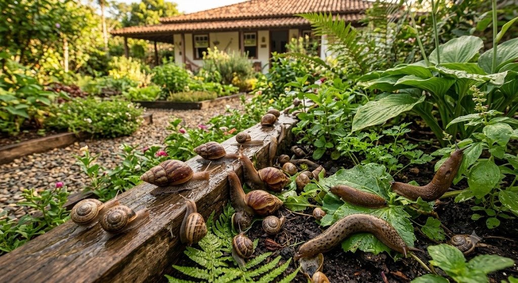 Foto real de infestação de caramujos e lesmas em horta de jardim residencial em Araraquara
