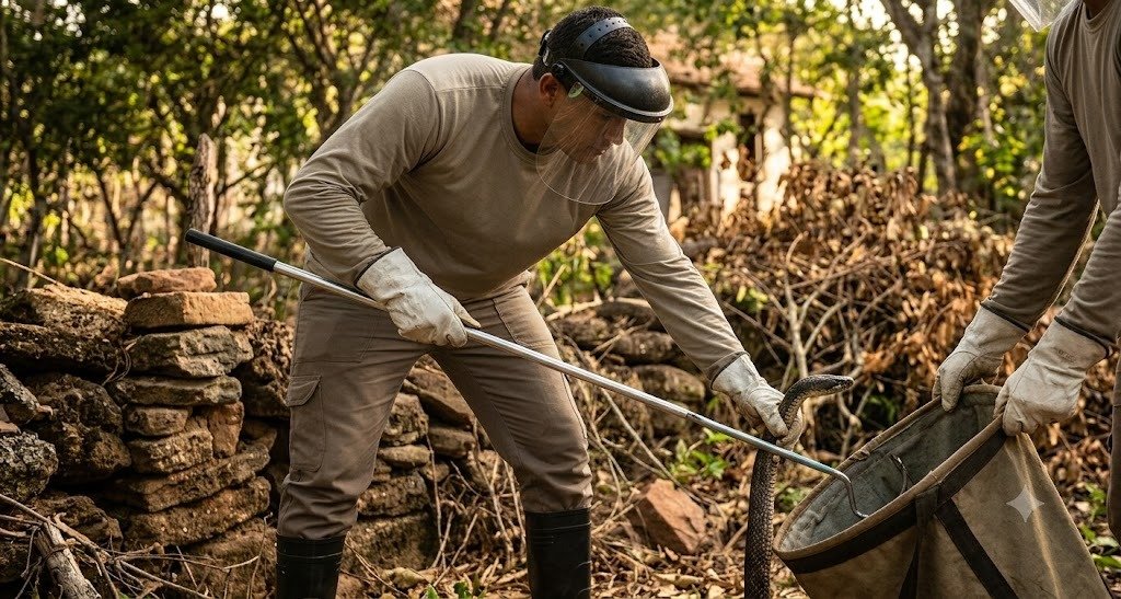 Foto real de manejo e captura técnica de cobras por profissionais em Araraquara