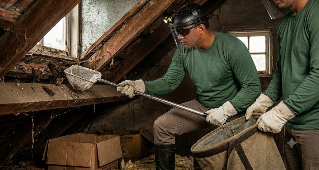 Foto real de equipe realizando manejo e remoção técnica de morcegos no forro em Araraquara
