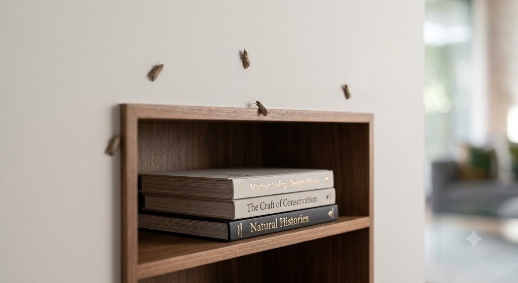 Foto real de infestação de traças em estante de livros e móvel residencial em Araraquara